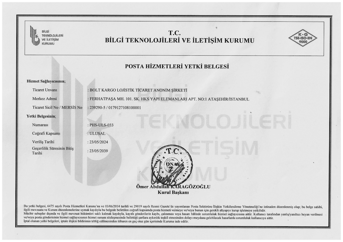 Bolt Kargo BTK Yetki Belgesi
